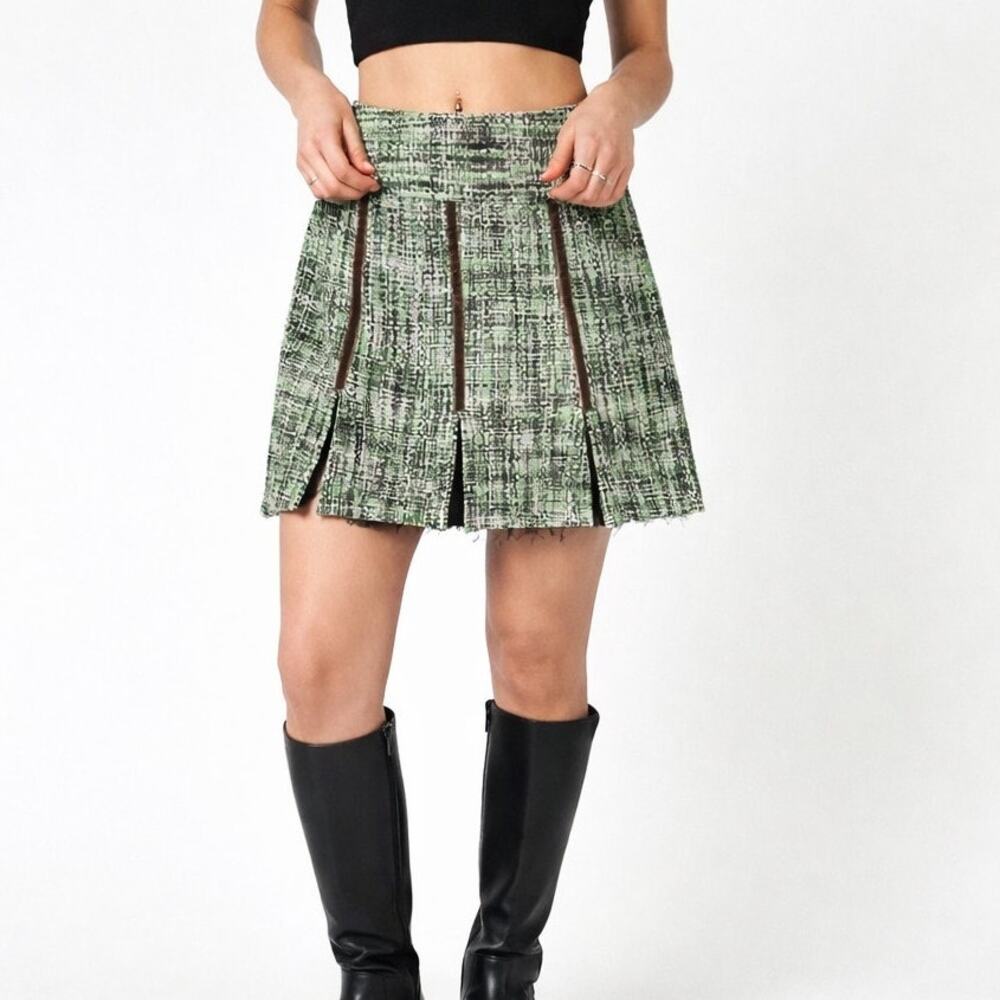 Heart Moon Star Green Tweed Pleated Mini Skirt Y2K Era Size 0